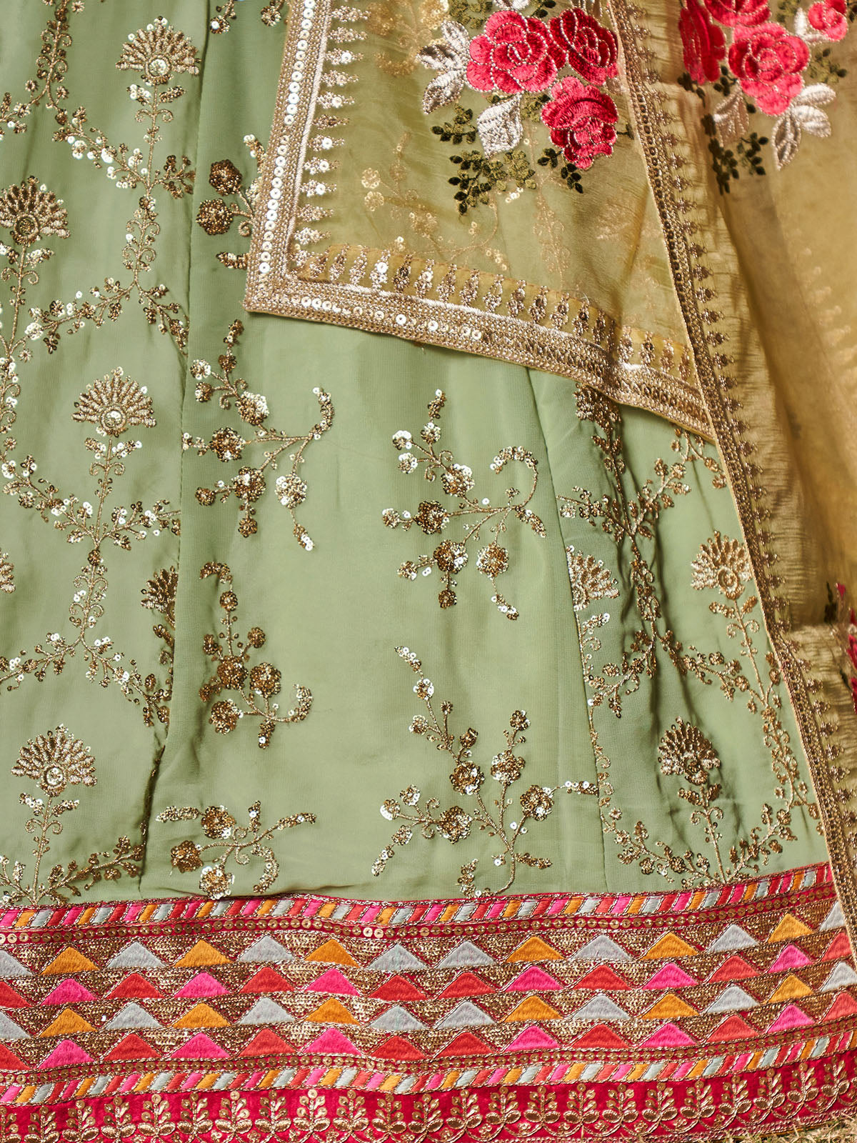 Odette Light Green Georgette Embellished Semi Stitched Lehenga With Unstitched Blouse For Women
