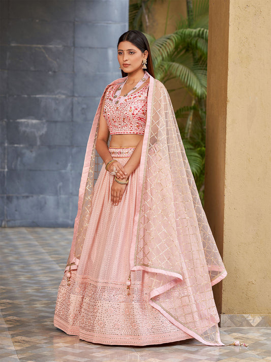 Odette Light Pink Art Silk Embellished Semi Stitched Lehenga With Unstitched Blouse For Women