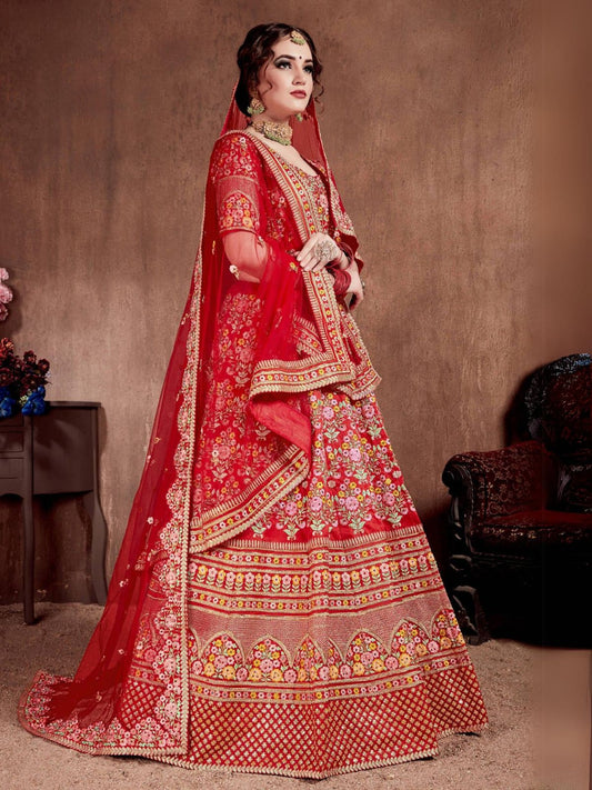 Odette Red Silk Blend Embroidered Semi Stitched Lehenga With Blouse For Women
