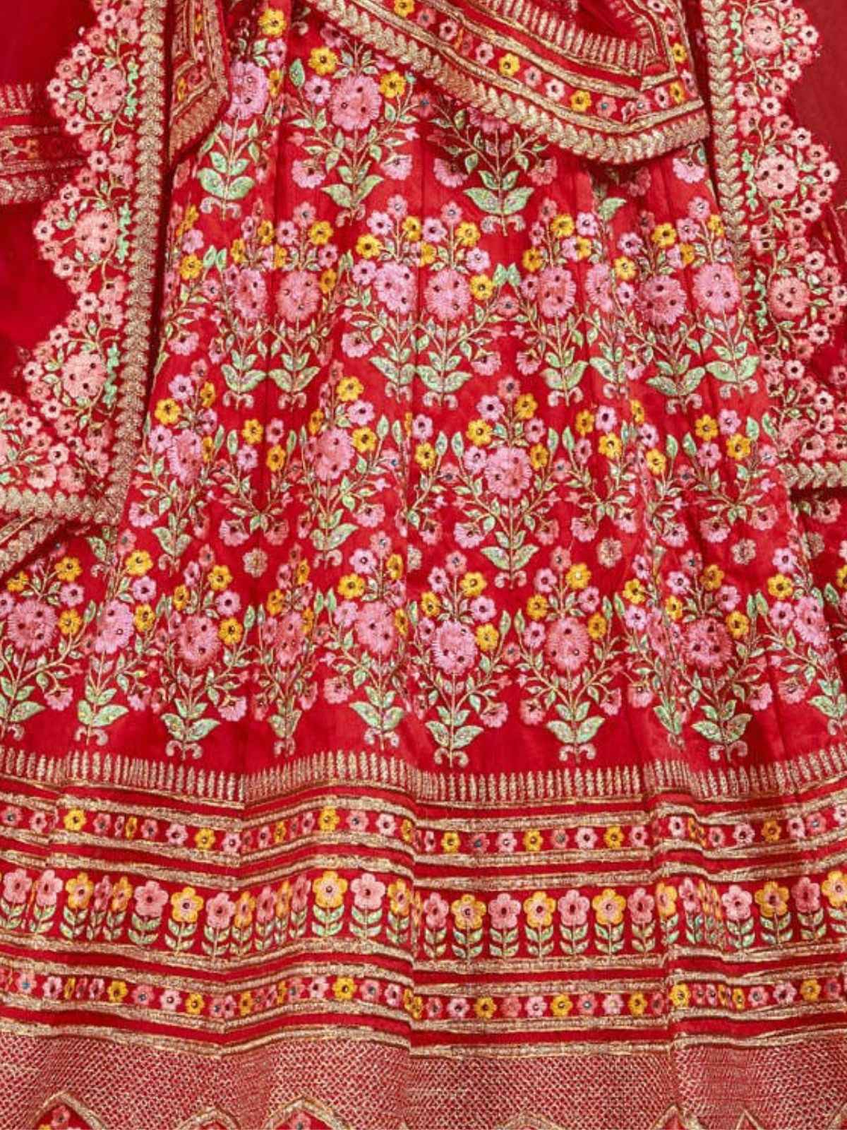 Odette Red Silk Blend Embroidered Semi Stitched Lehenga With Blouse For Women