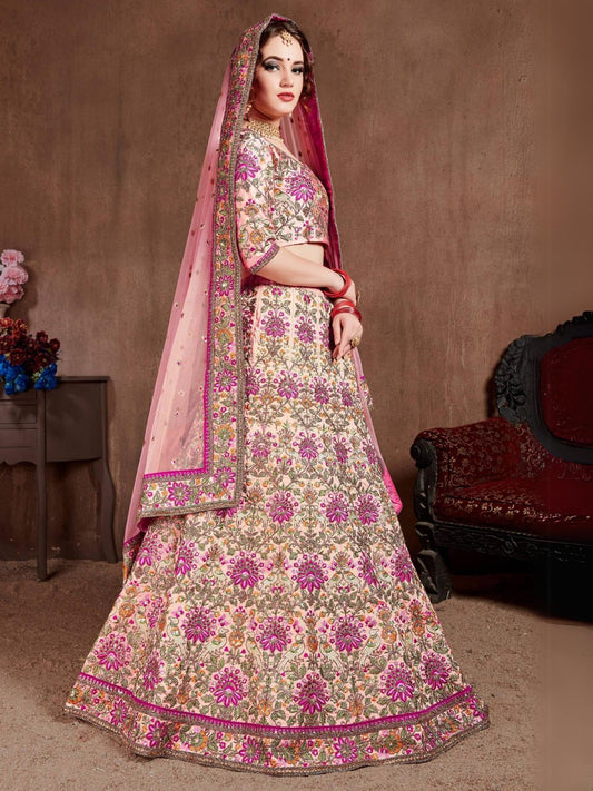 Odette Pink Silk Blend Embroidered Semi Stitched Lehenga With Blouse For Women