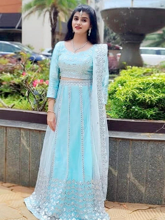 Odette Women Aqua Blue Semi Stitched Lehenga With Unstitched Blouse