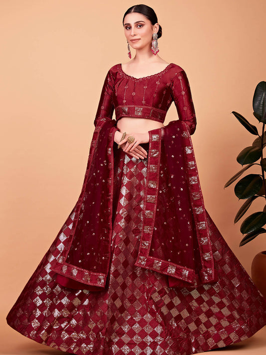 Odette Women Modish Red Silk Blend Semi Stitched Lehenga With Unstitched Blouse