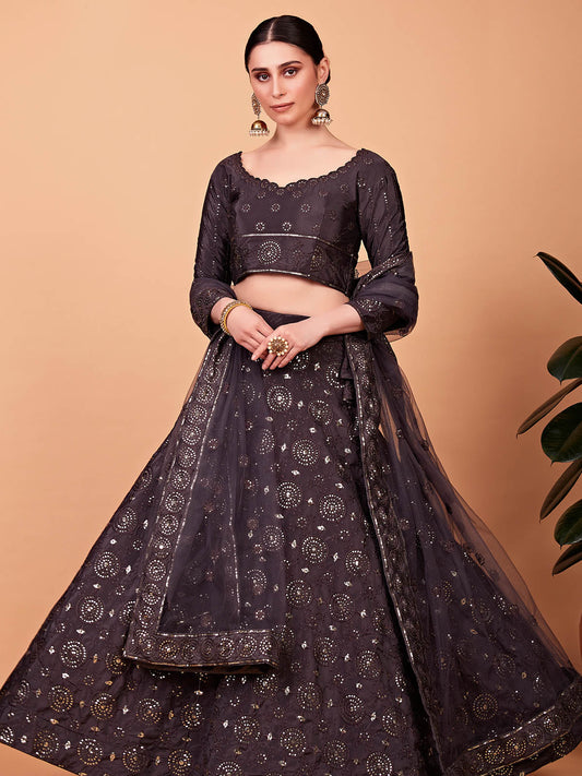 Odette Women Designer Brown Embroidered Semi Stitched Lehenga With Unstitched Blouse