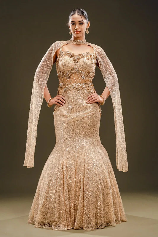 Beige Sequins Embroidered Net Fishcut Gown-JE2337
