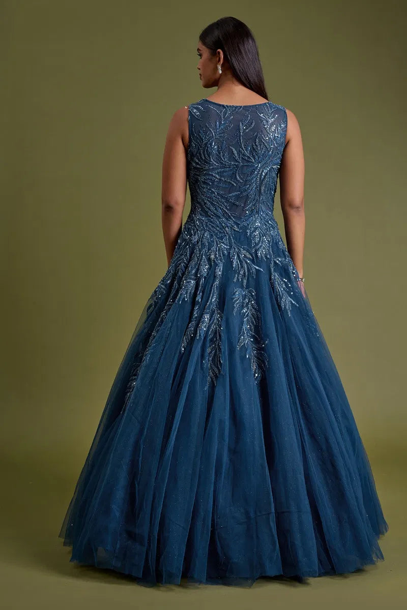 Blue Net Evening Gown with Sequins Embroidery and Illusion Neck-GG2045