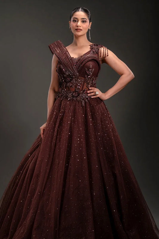 Brown Net Ball Gown with Sequins Embroidery-JE1111