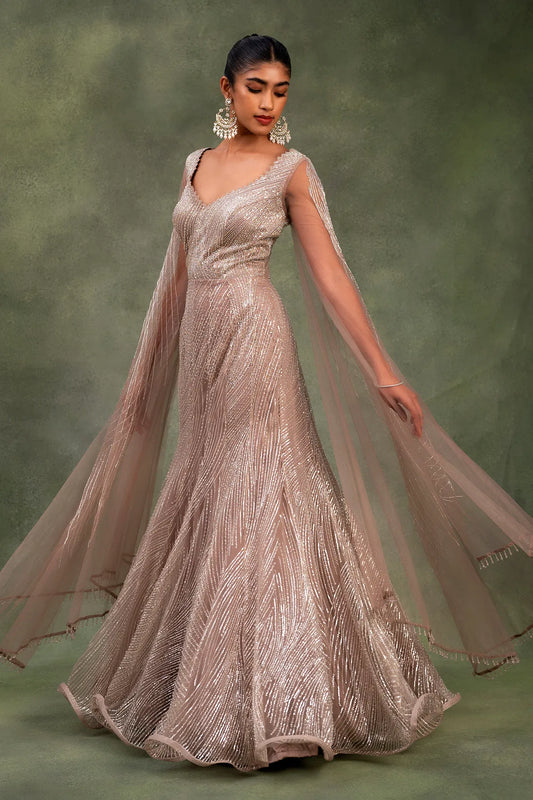 Brown Net Cocktail Gown with Bead Work and Leaf Neck-GF2476