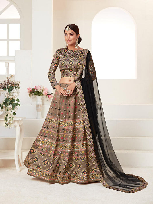 Odette Brown Printed Semi Stitched Lehenga With Unstitched Blouse For Women