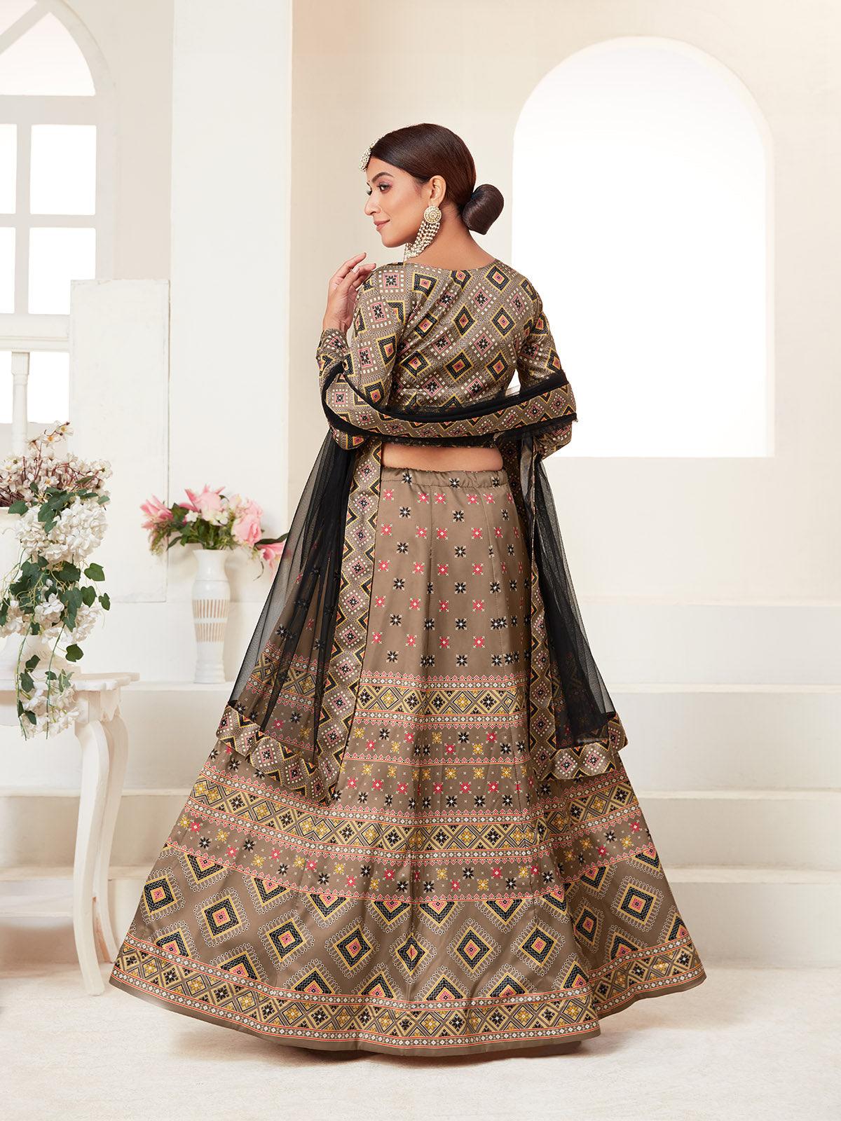 Odette Brown Printed Semi Stitched Lehenga With Unstitched Blouse For Women