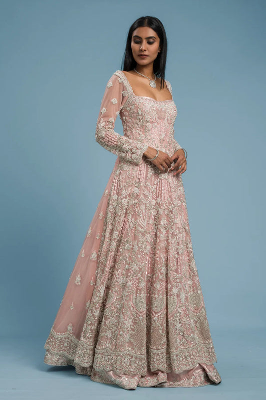 Candy Pink Pearl Embroidered Net Indowestern Gown with Square Neck-GG1503