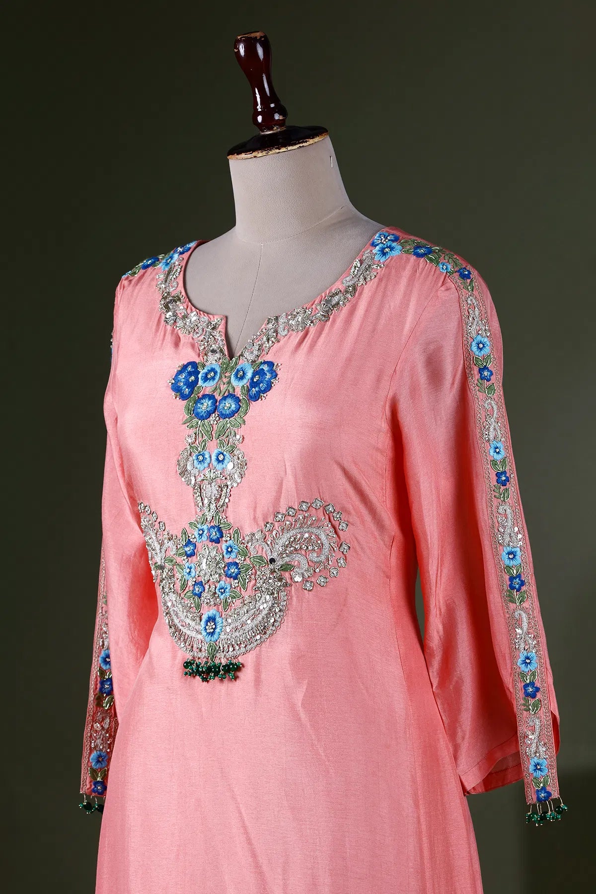 Carnation Pink Resham Embroidered Kurti with Slit Neck-JE2358