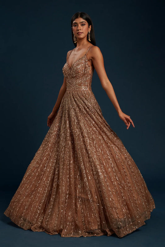 hocolate Brown Cocktail Net Gown with Sequins Work-GF4878