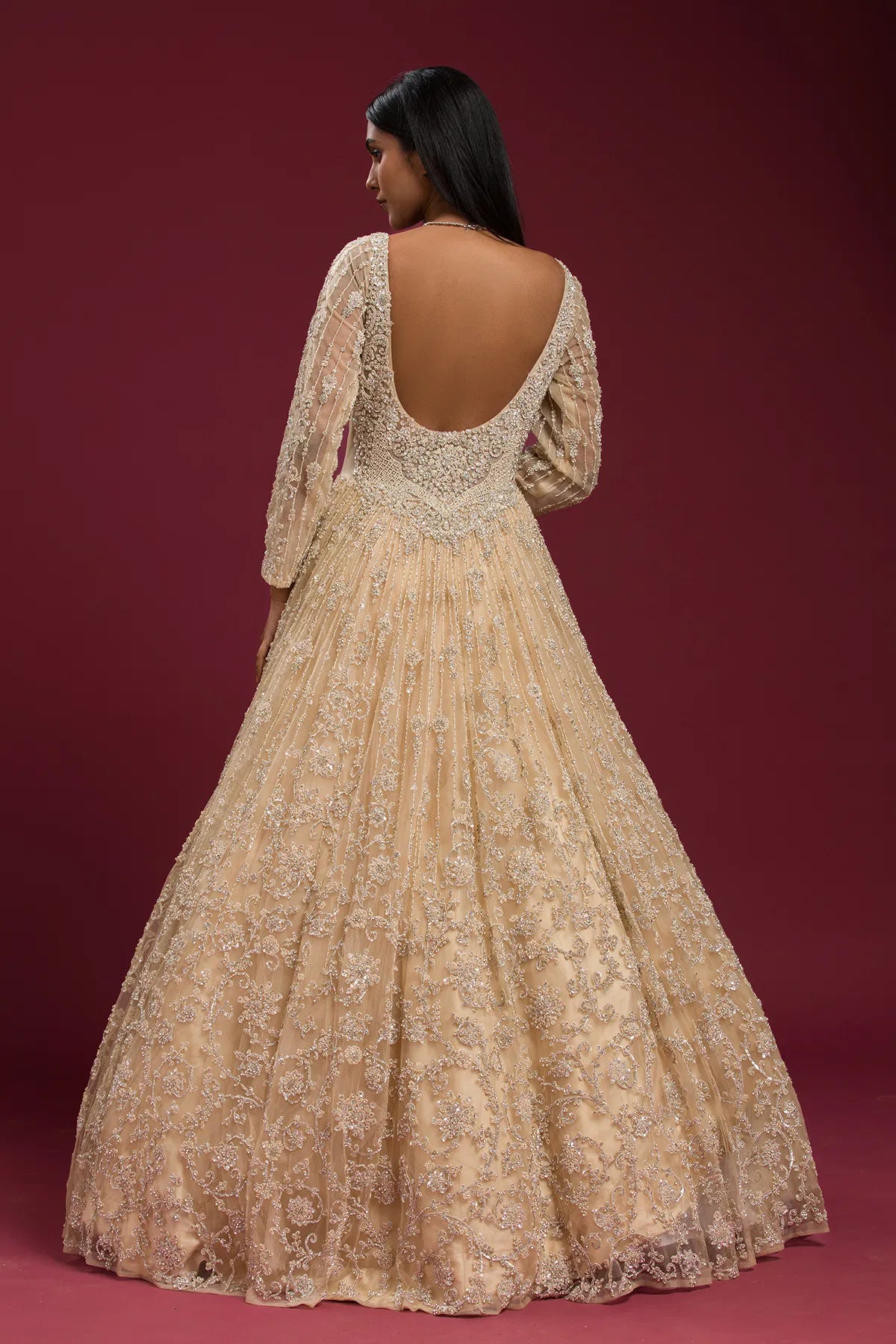 Cream Bead Embroidered Net Evening Gown with V Neck-GG1415