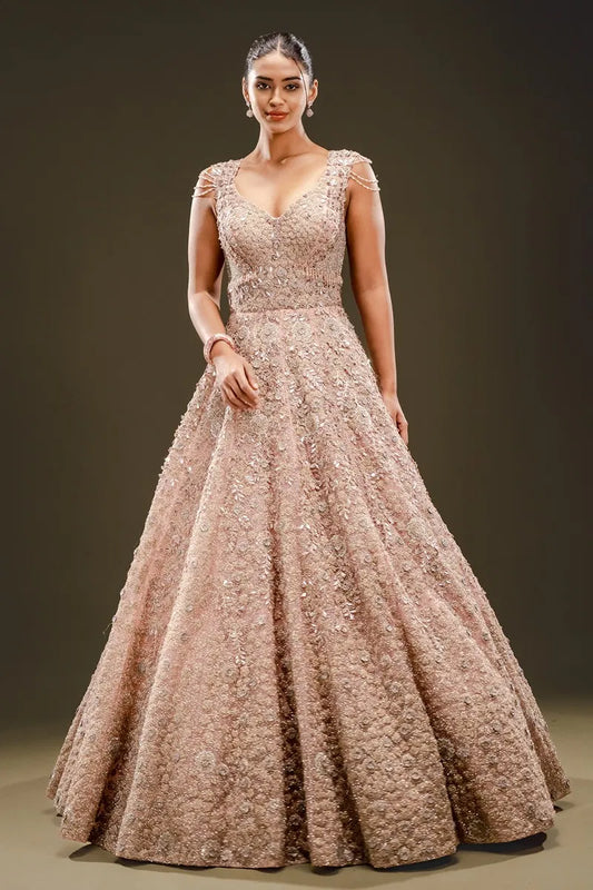 Dusty Pink Sequins Embroidered Net Evening Gown-JE2419