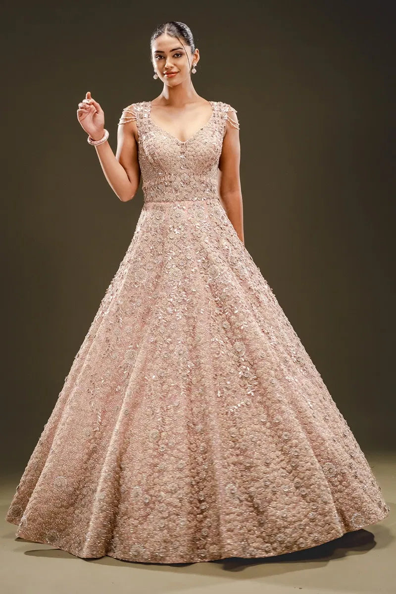 Dusty Pink Sequins Embroidered Net Evening Gown-JE2419