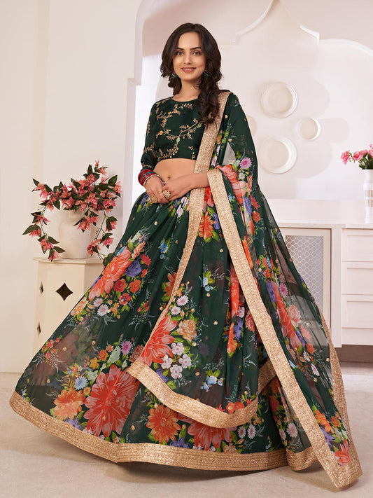Odette Women Floral Green Georgette Semi Stitched Lehenga With Unstitched Blouse