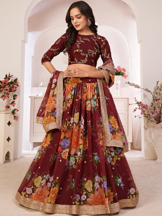 Odette Women Floral Maroon Georgette Semi Stitched Lehenga With Unstitched Blouse