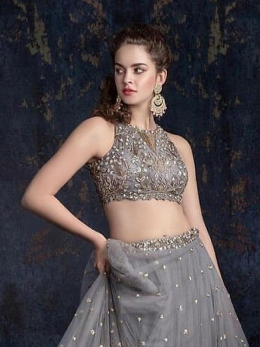 Odette Women Grey Designer Semi Stitched Lehenga With Unstitched Blouse