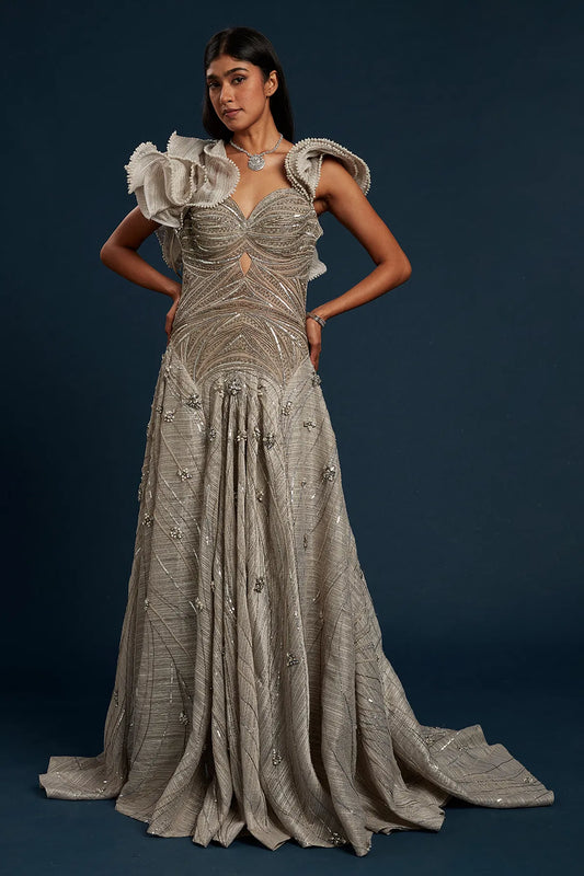 rey Raw Silk Cocktail Gown with Sequins Work and Sweet Heart Neck-GG1161