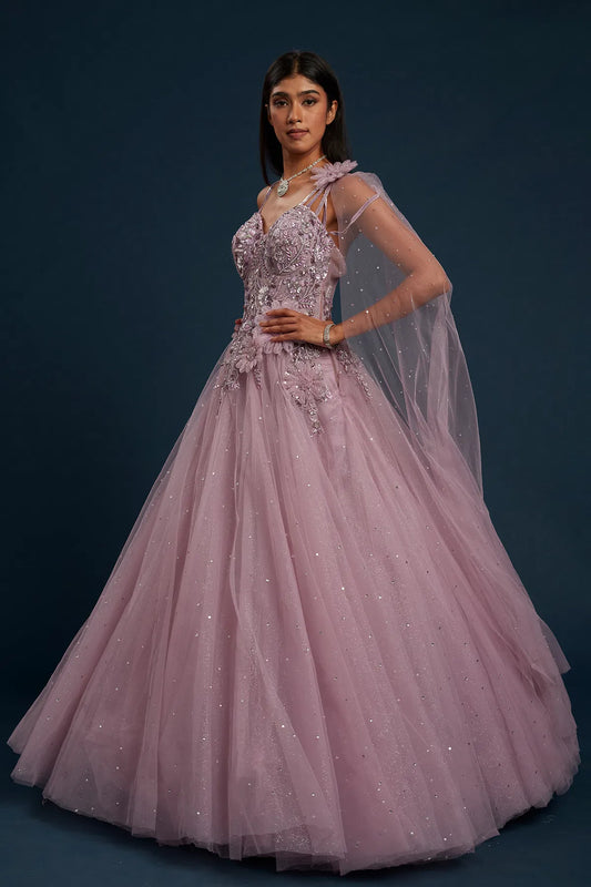 Lavender Net Cocktail Gown with Bead Work and Sweet Heart Neck-GG1357