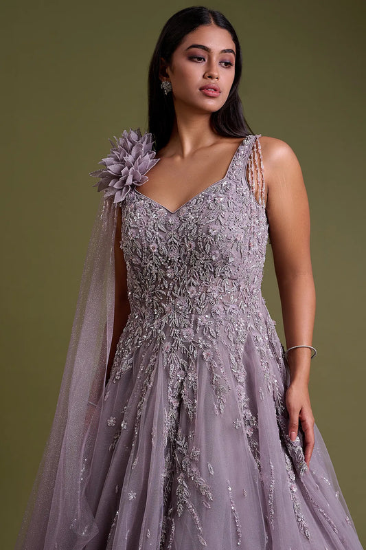 Lavender Net Evening Gown with Sequins Embroidery-GG1755