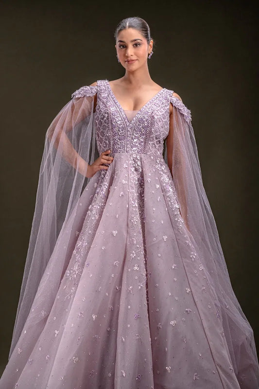 Lavender Sequins Embroidered Net Ball Gown with Cold Shoulder Sleeve-JD3298