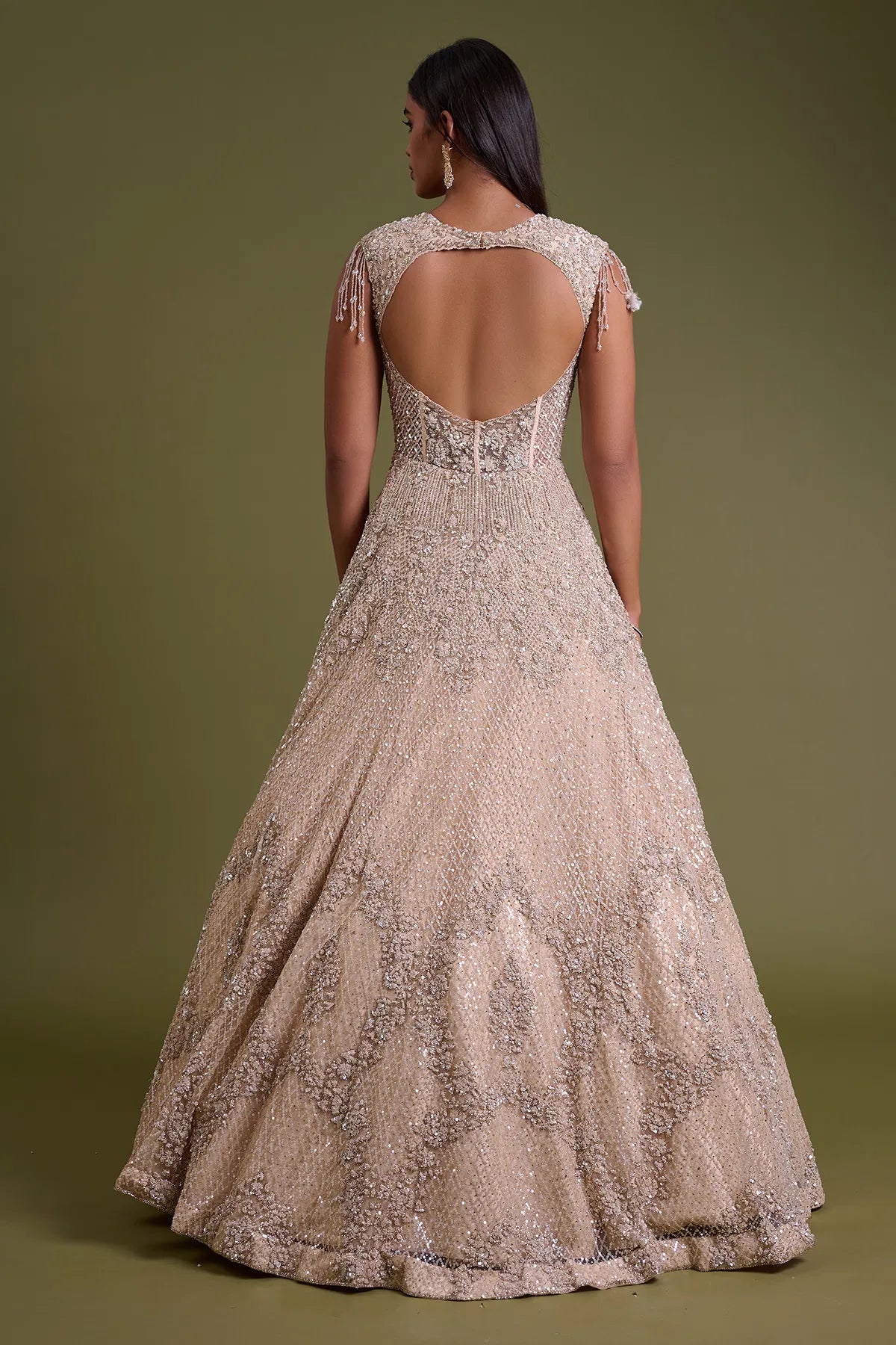 Light Peach Net Bridal Gown with Sequins Embroidery-GG1930