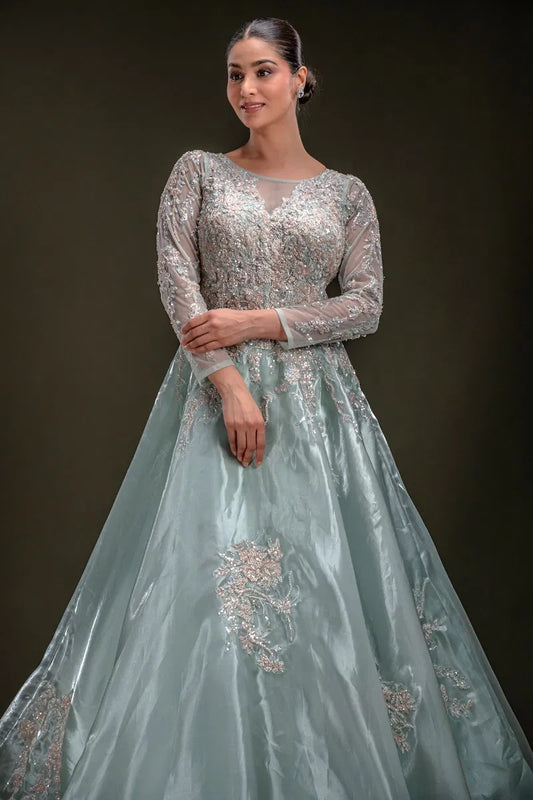 Mint Green Sequins Embroidered Tissue Evening Gown with Round Neck-JE2339