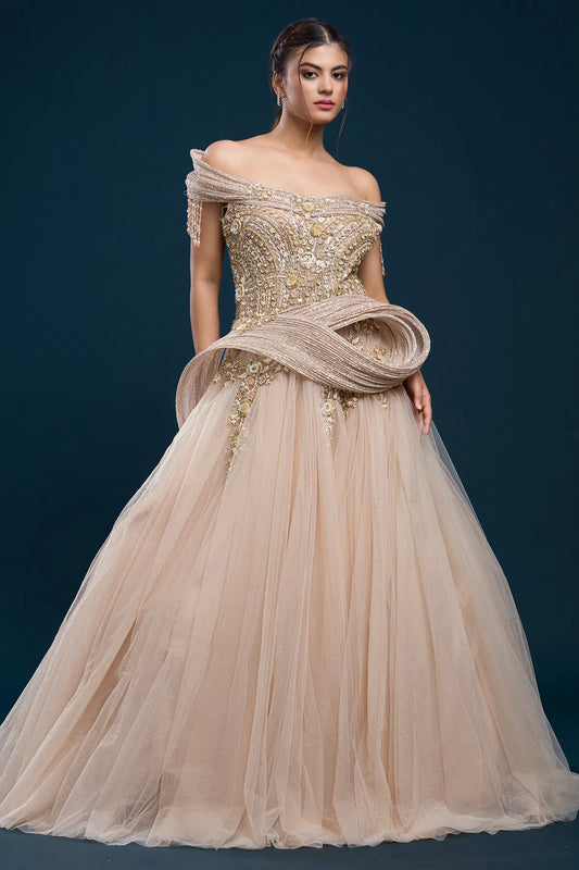 Pale Peach Sequins Embroidered Net Indowestern Gown-NG2998