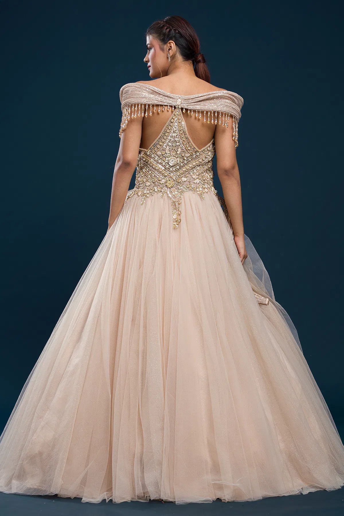 Pale Peach Sequins Embroidered Net Indowestern Gown-NG2998