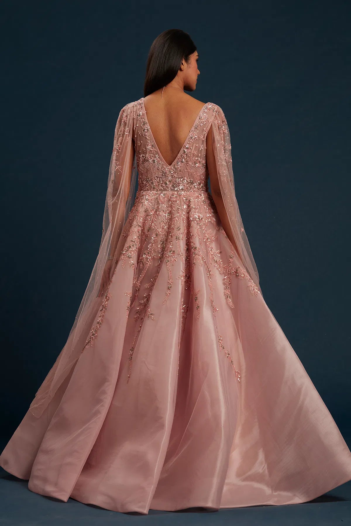 Peach Net Cocktail Gown with Bead Work and Plunged Neck-GG1157
