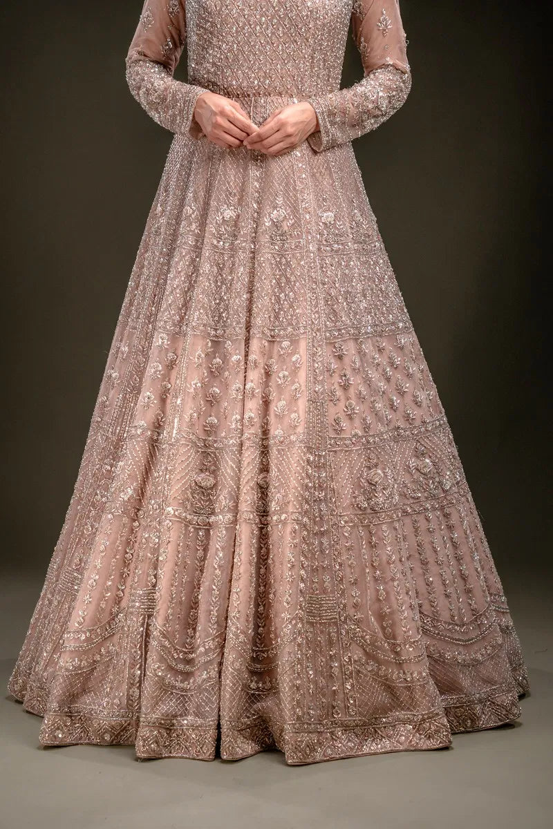 Peach Sequins Embroidered Indowestern Net Gown with Dupatta-JD2248
