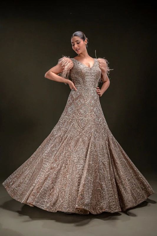 Peach Sequins Embroidered Net Gown with V Neck-JE4314