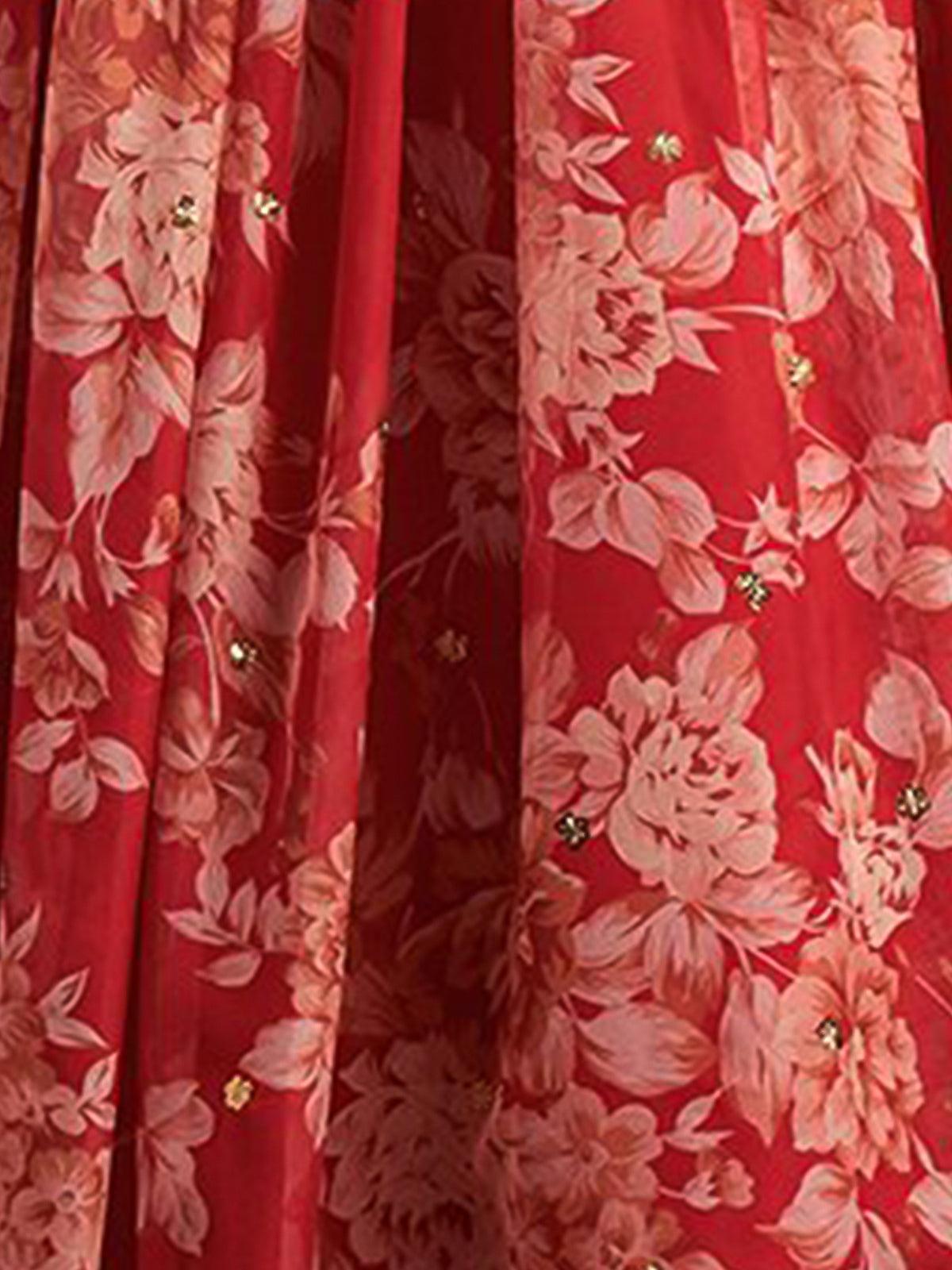 Odette Women Red Poly Georgette Lehenga With Blouse