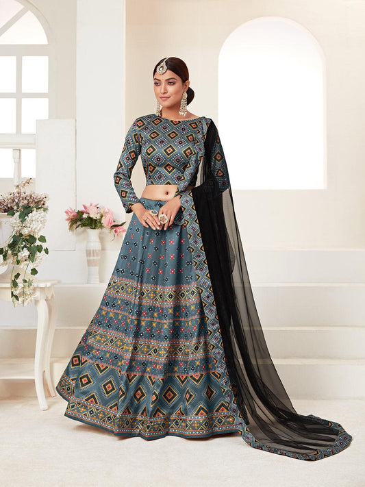 Odette Women Teal Printed Semi Stitched Lehenga With Unstitched Blouse