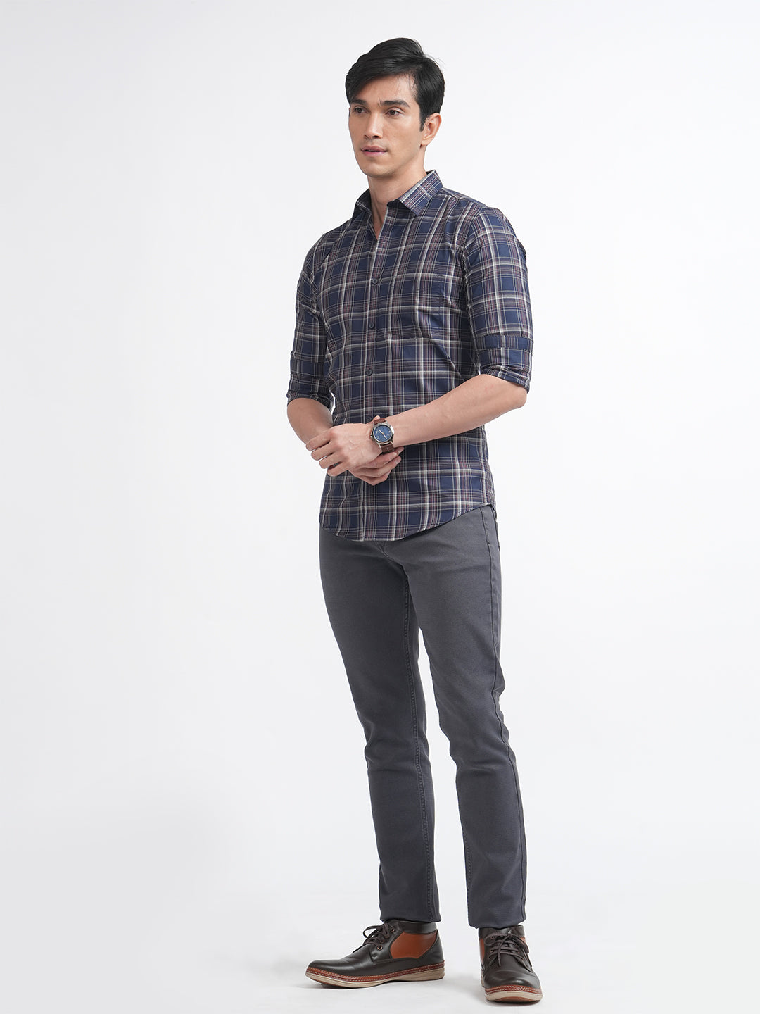 Navy Twill Checked Shirt
