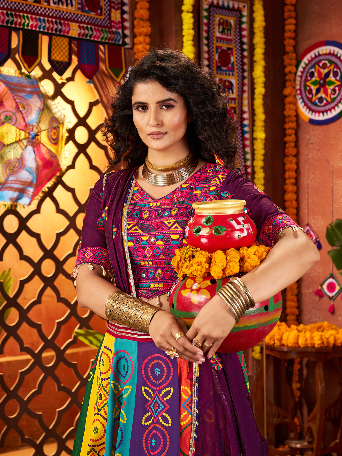 Odette Multicolor Silk Blend Printed Semi-Stitched Lehenga For Women