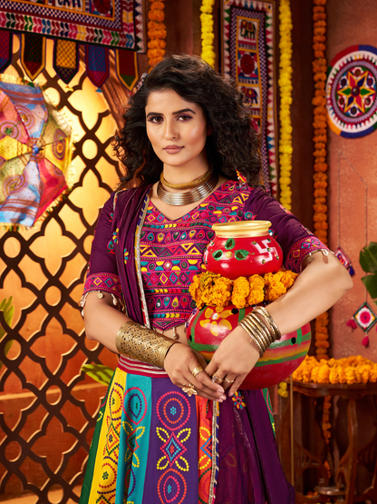 Odette Multicolor Silk Blend Printed Semi-Stitched Lehenga For Women