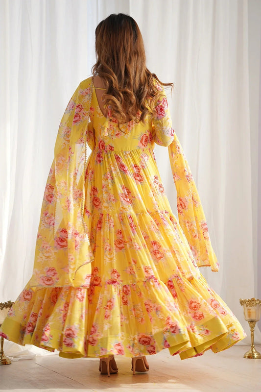 Yellow Georgette Floral Printed Flared Kurti Set