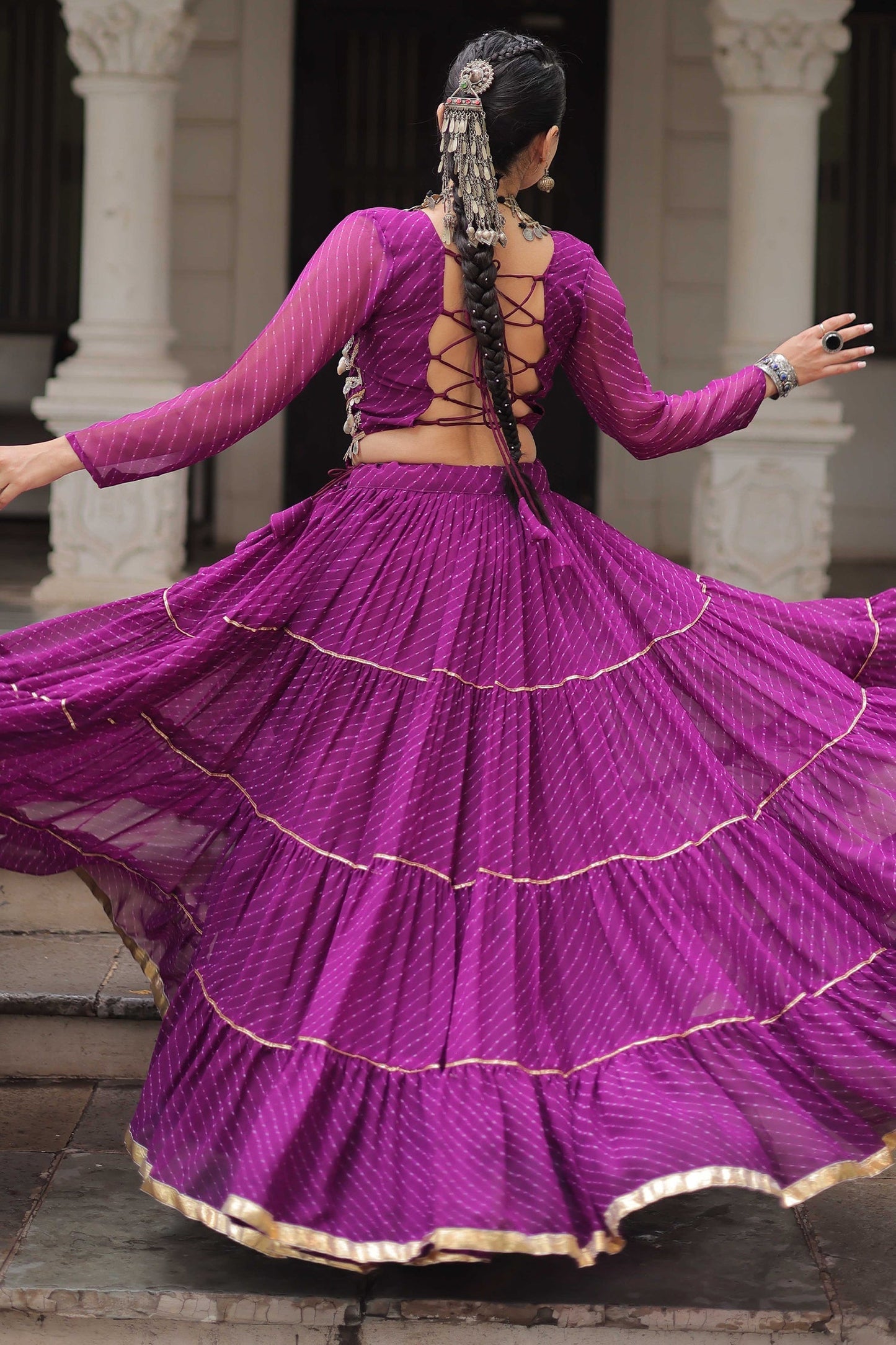 Purple Flared Georgette Chaniya Choli with Leheriya Print Work
