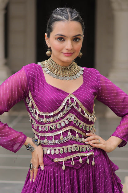 Purple Flared Georgette Chaniya Choli with Leheriya Print Work