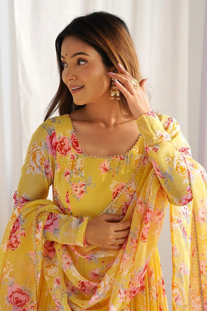 Yellow Georgette Floral Printed Flared Kurti Set