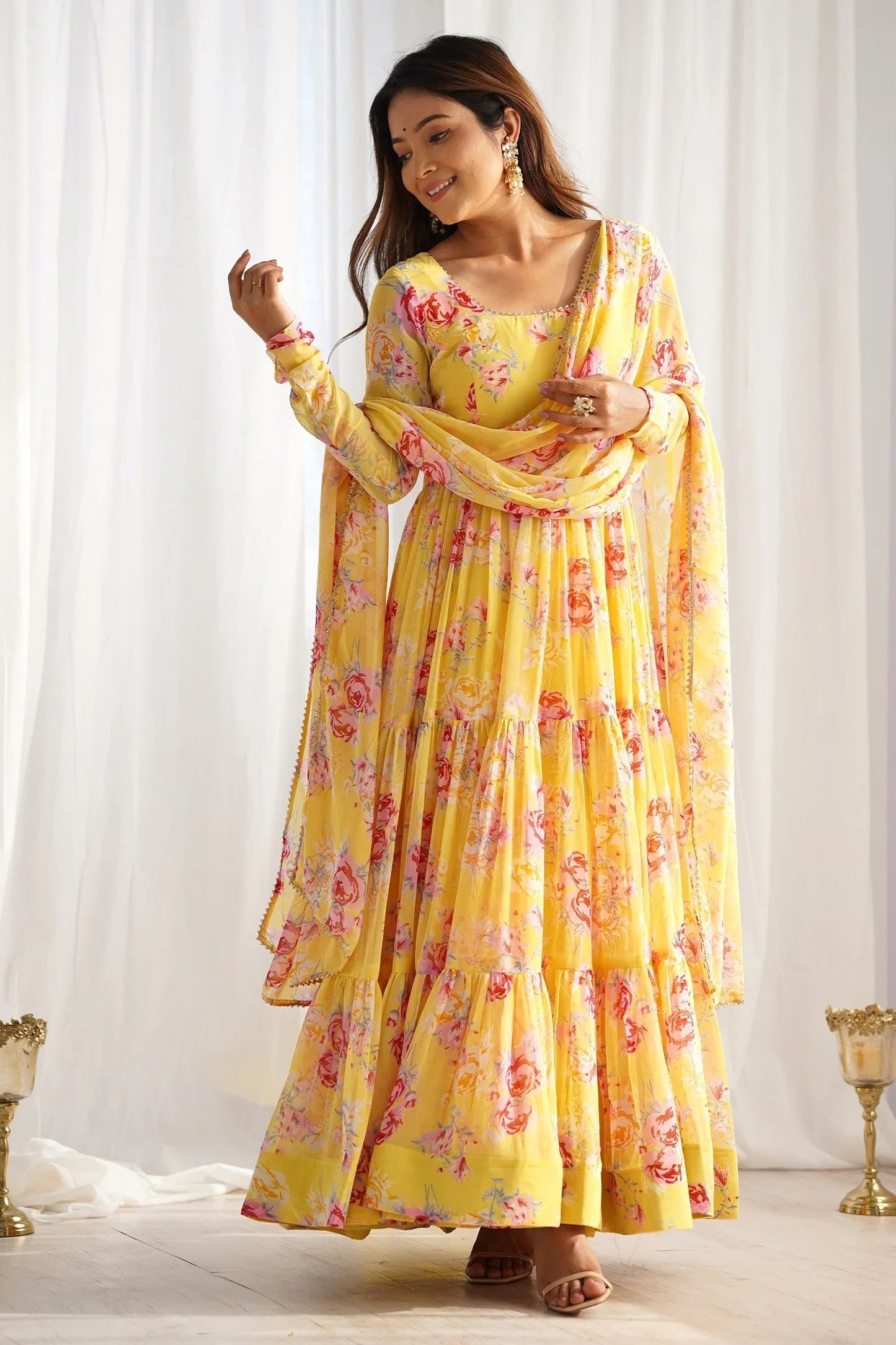 Yellow Georgette Floral Printed Flared Kurti Set
