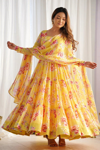 Yellow Georgette Floral Printed Flared Kurti Set