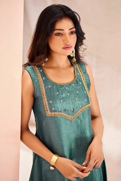 Aqua Blue Organza Kurti with Pant