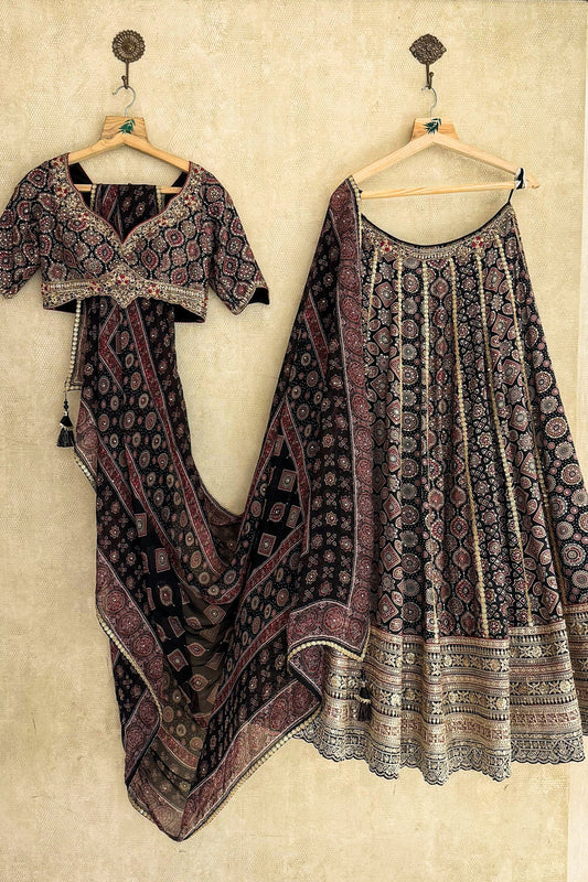 Black Cotton Ajrakh Printed Lehenga with Sequin and Embroidery Work