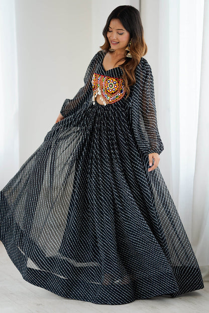 Black Georgette Leheriya Kurti with Kachchi Work