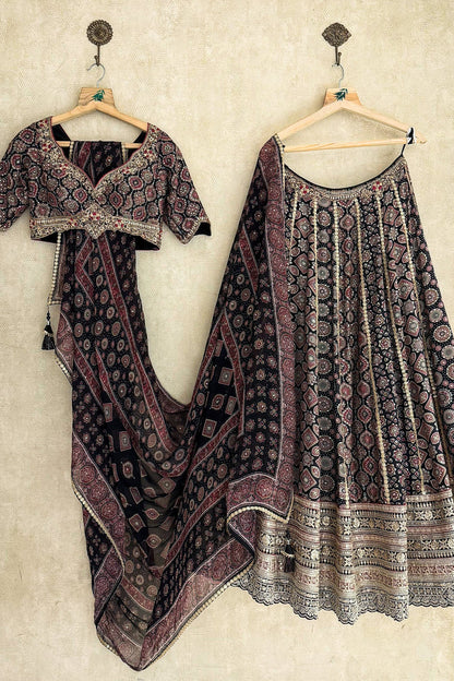 Black Cotton Ajrakh Printed Lehenga with Sequin and Embroidery Work