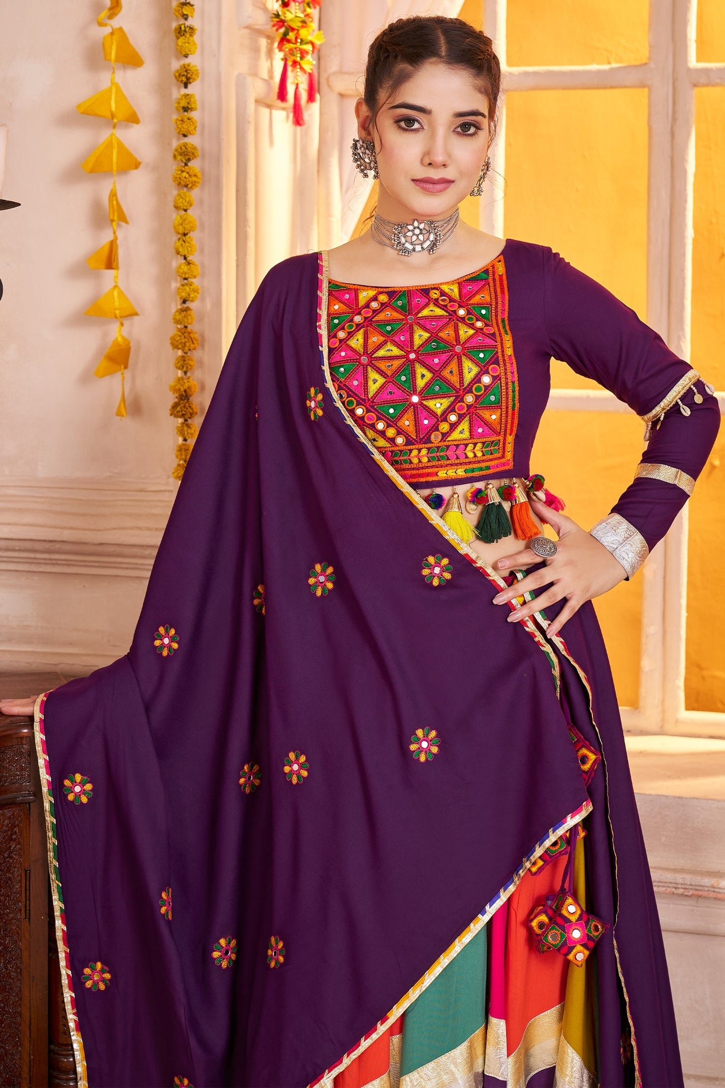 Purple and Multi Colored Viscose Cotton Mirror Worked Chaniya Choli